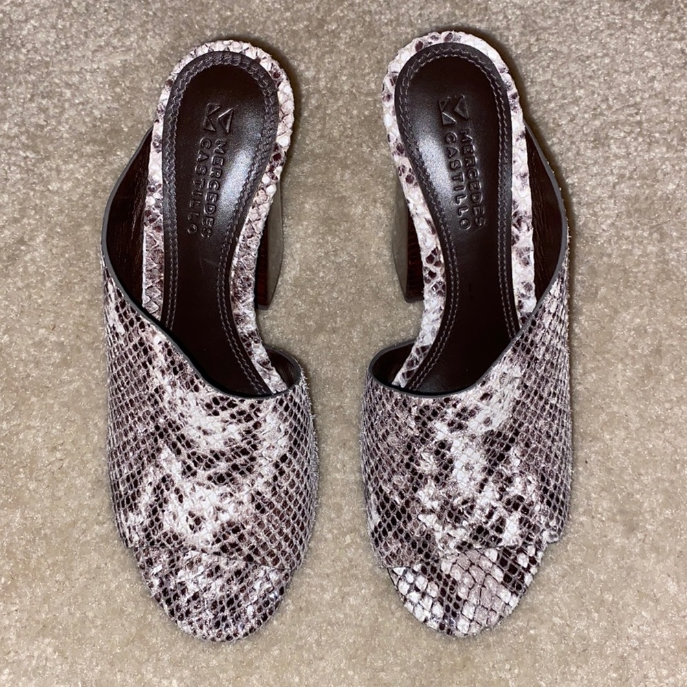 MERCEDES CASTILLO Snakeskin Print Slide Sandals in Brown and White